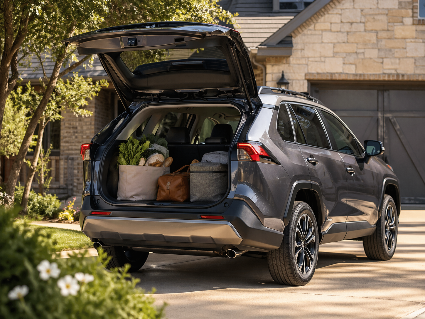 Toyota RAV4 with rear hatch open and everyday cargo loaded